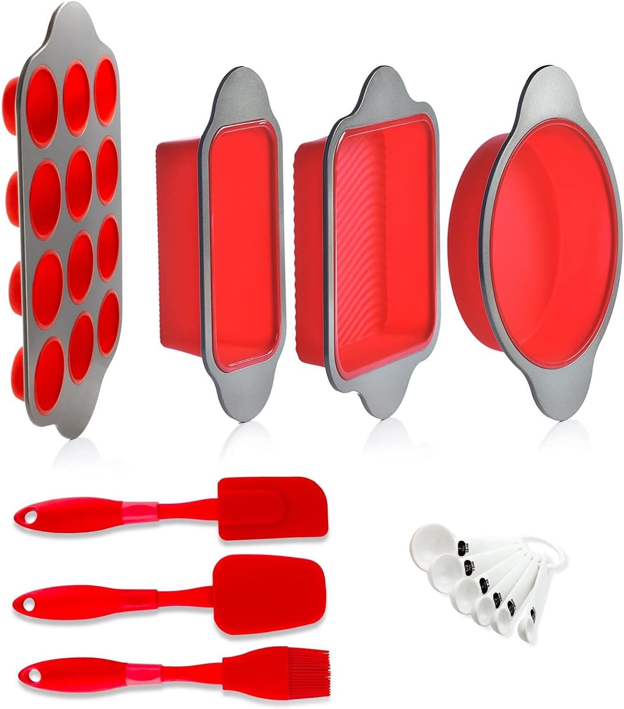 13-Piece Non-Stick Silicone Bakeware Set with Cake Pan, Brownie Pan, Loaf Pan, Muffin Mold, Spatulas, Brush, and Measuring Spoons - Oven, Freezer and Dishwasher Safe