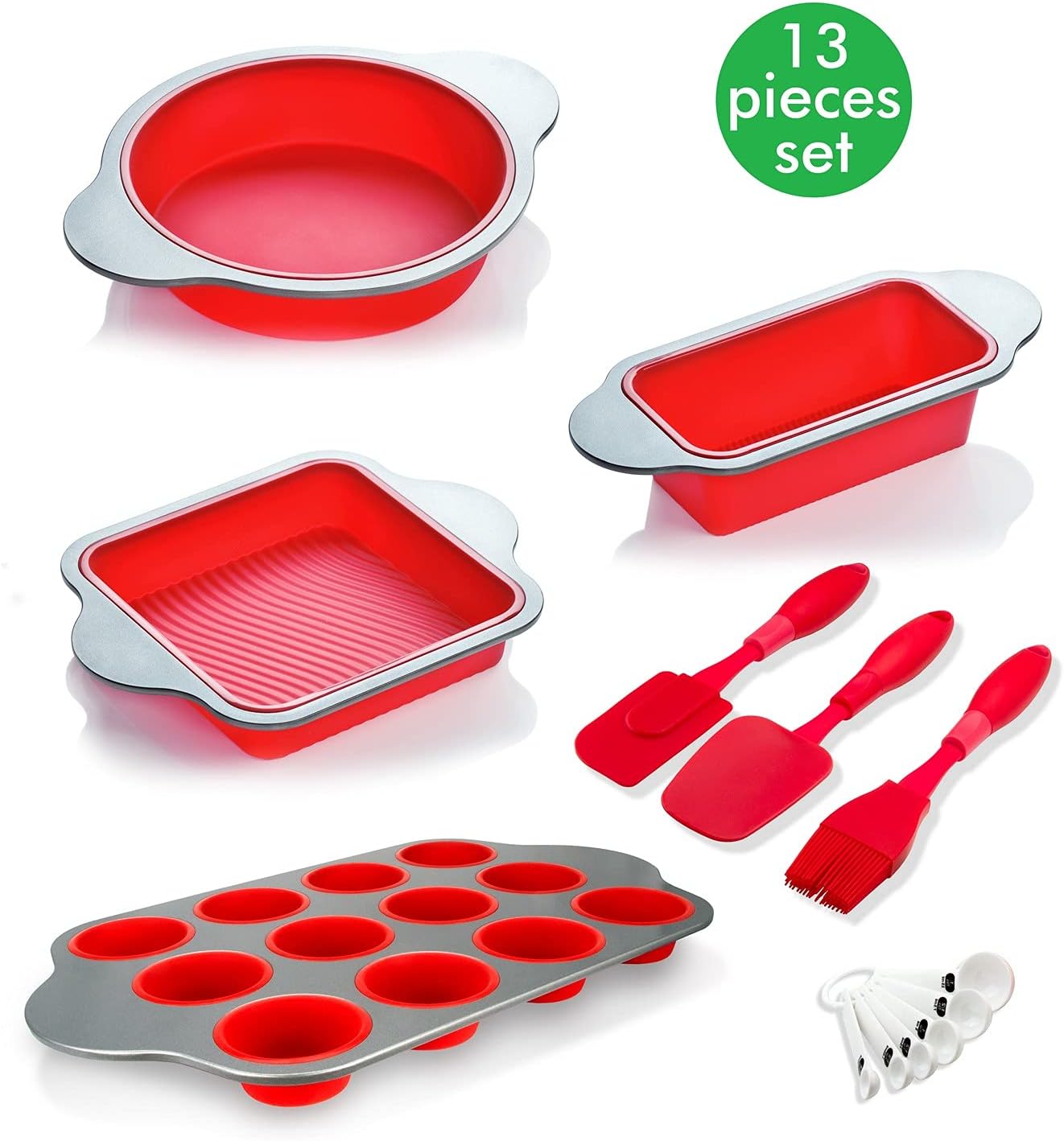 13-Piece Non-Stick Silicone Bakeware Set with Cake Pan, Brownie Pan, Loaf Pan, Muffin Mold, Spatulas, Brush, and Measuring Spoons - Oven, Freezer and Dishwasher Safe