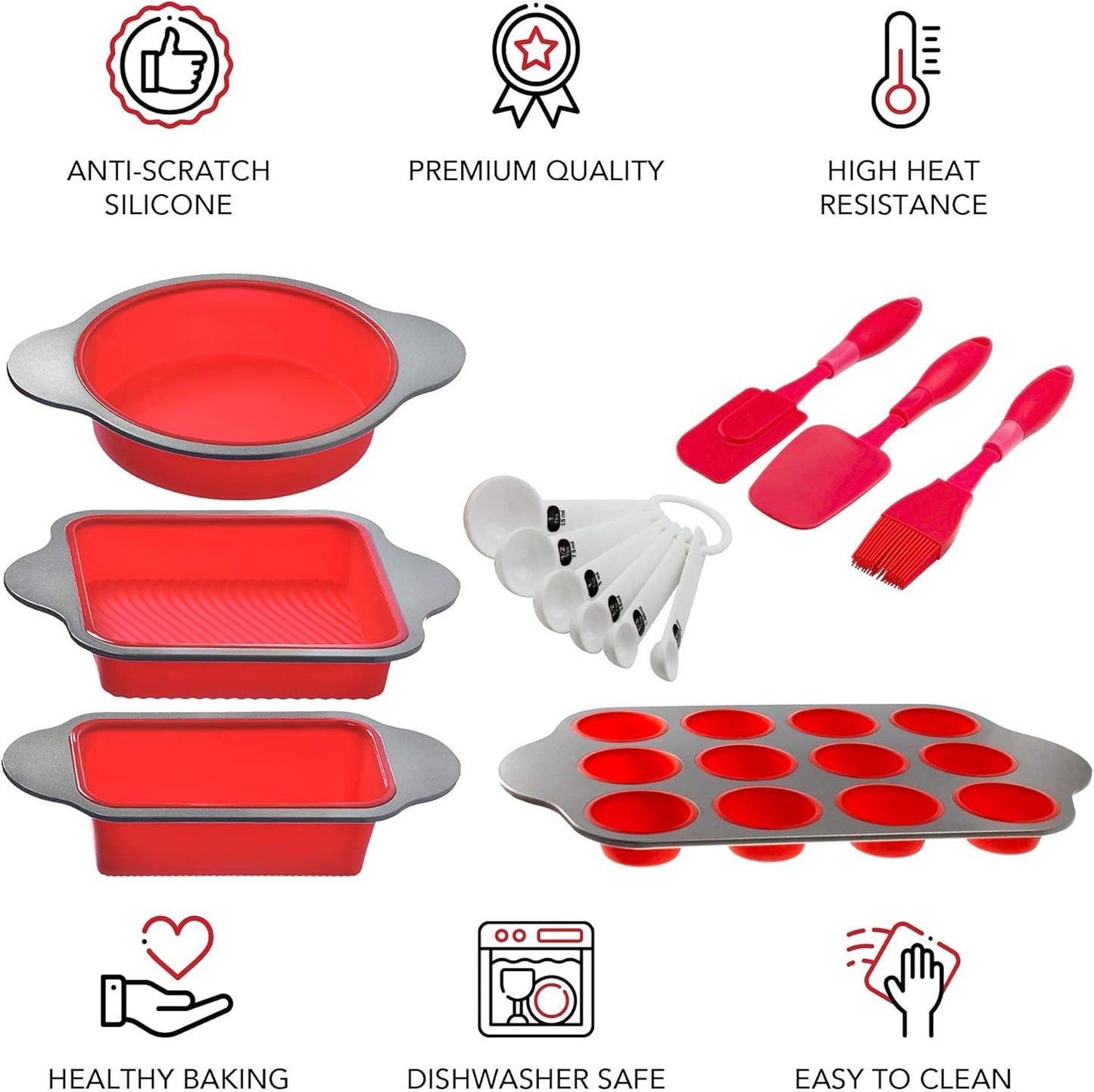 13-Piece Non-Stick Silicone Bakeware Set with Cake Pan, Brownie Pan, Loaf Pan, Muffin Mold, Spatulas, Brush, and Measuring Spoons - Oven, Freezer and Dishwasher Safe