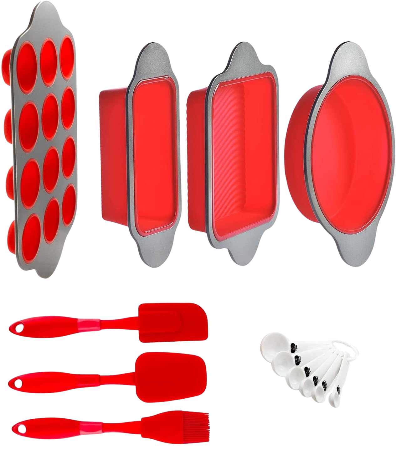 13-Piece Non-Stick Silicone Bakeware Set with Cake Pan, Brownie Pan, Loaf Pan, Muffin Mold, Spatulas, Brush, and Measuring Spoons - Oven, Freezer and Dishwasher Safe